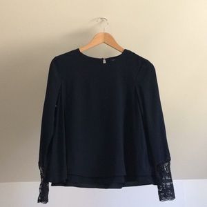 ZARA Trafaluc Navy Lace Button Blouse With Layers
